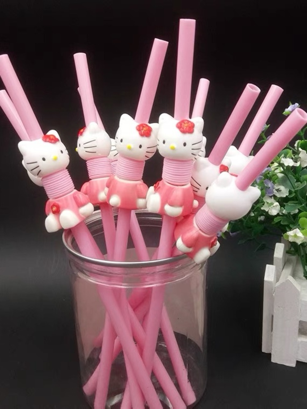 Pink Cat Character Party Straws - Cute Decorative Drinking Straws set of 10